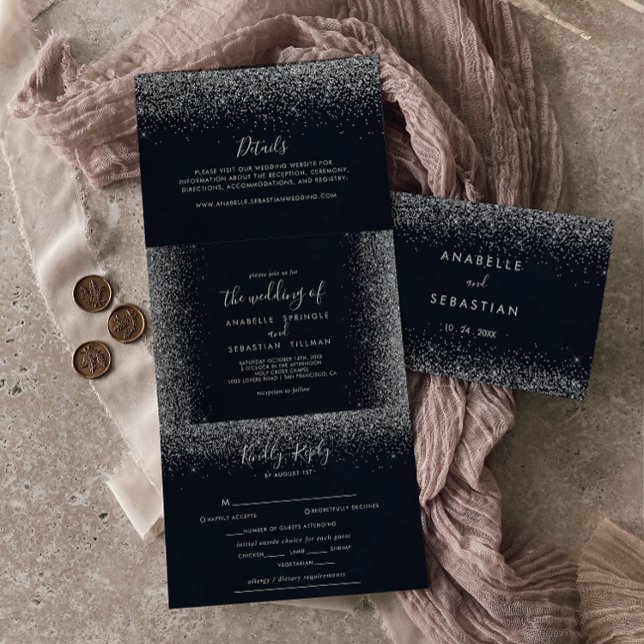 Silver Confetti Calligrafy Trifold Wedding Dreifach Gefaltete Einladung (Von Creator hochgeladen)