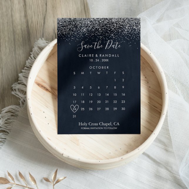 Silver Confetti Calligraphy Save the Date Calendar (Von Creator hochgeladen)
