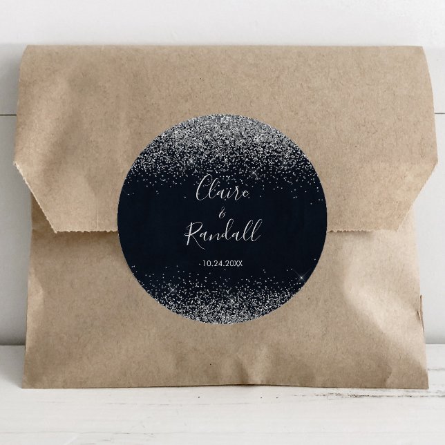 Silver Confetti Calligraphy Wedding Runder Aufkleber (Von Creator hochgeladen)
