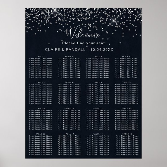 Silver Confetti Calligraphy Wedding Seating Chart Poster (Vorne)