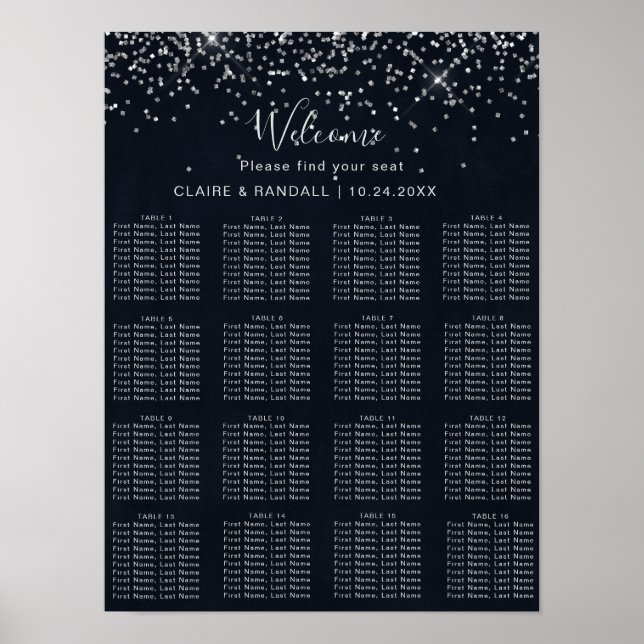 Silver Confetti Calligraphy Wedding Seating Chart Poster (Vorne)
