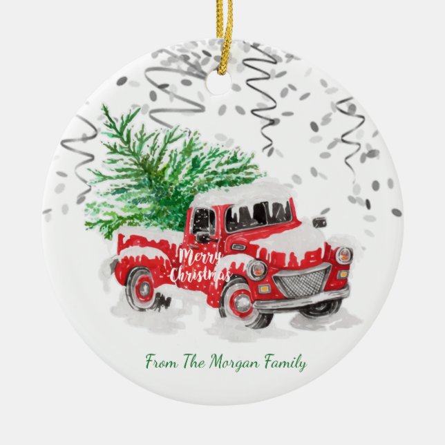 Silver Confetti, Christmas Red Truck Pine Tree Sch Keramik Ornament (Vorne)