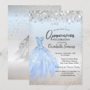 Silver Confetti Dots, blaues Kleid Quinceañera Einladung