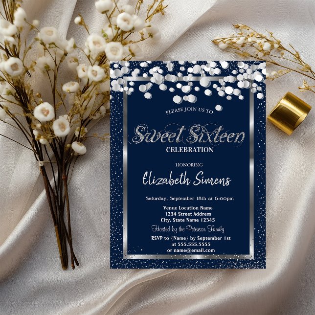 Silver Confetti Dots Navy Blue Sweet 16 Einladung (Von Creator hochgeladen)