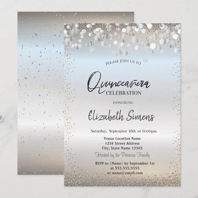 Silver Confetti Dots Princess Silver Quinceañera Einladung (Vorne/Hinten)