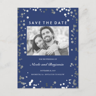 Silver Confetti Elegant Navy Foto Save the Date Ankündigungspostkarte