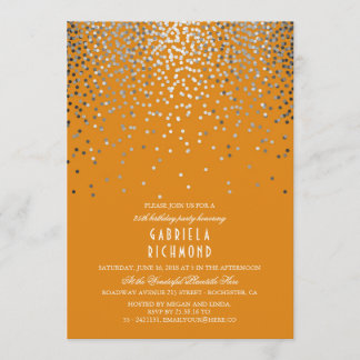 Silver Confetti Elegant Orange Geburtstagsparty Einladung