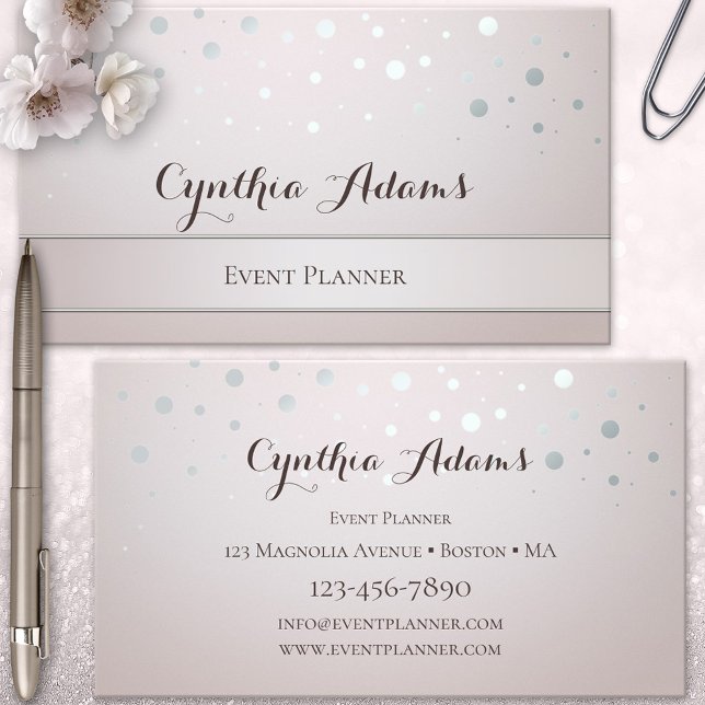 Silver Confetti Event Planer Business Card Visitenkarte (Event planner business card featuring chic sparkling silver confetti on a blush pink background)