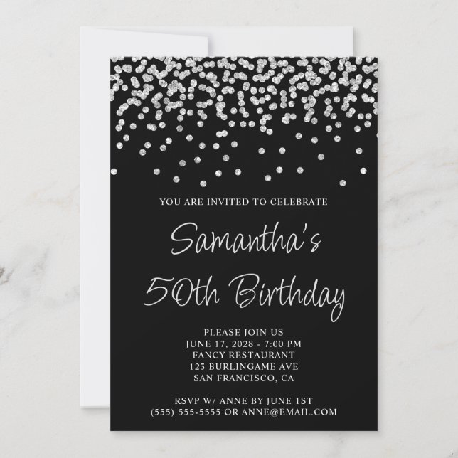 Silver Confetti Glitzer Black 50. Geburtstag Einladung (Vorderseite)