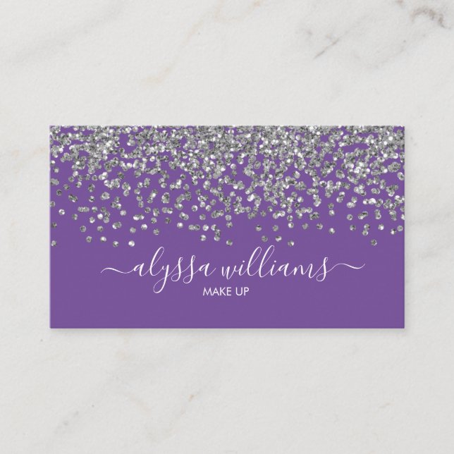 Silver Confetti Glitzer Lila Modern Script Visitenkarte (Vorderseite)