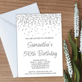Silver Confetti Glitzer White 50. Geburtstag Einladung