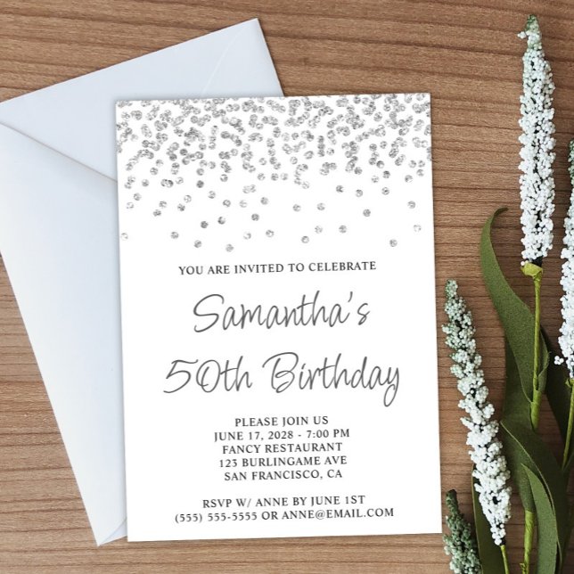 Silver Confetti Glitzer White 50. Geburtstag Einladung (Create your own birthday invitation.)