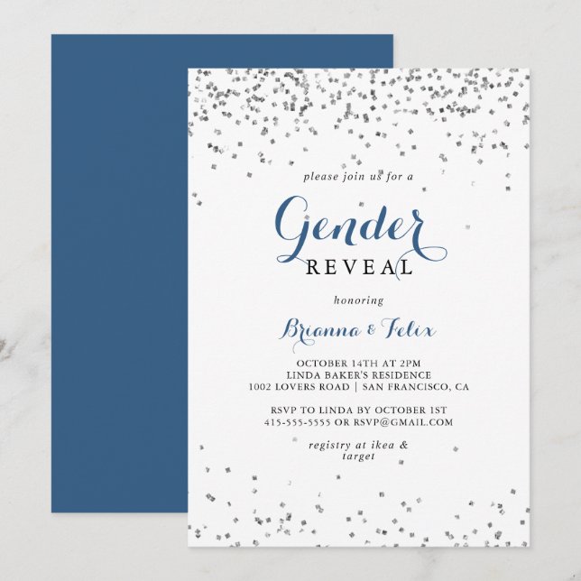 Silver Confetti Minimalistisch Gender Reveal Party Einladung (Vorne/Hinten)