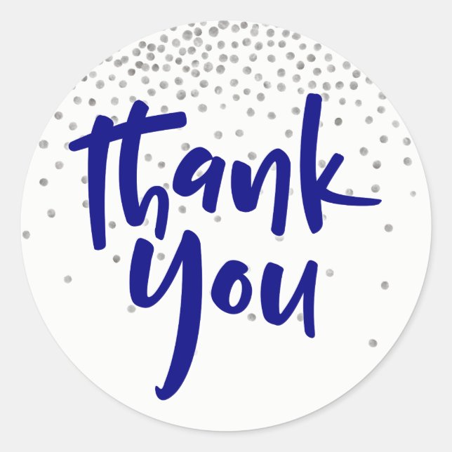 Silver Confetti mit Navy: Moderner Typ "Danke" Runder Aufkleber (Vorderseite)