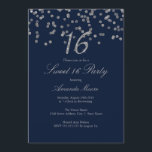 Silver Confetti Navy 16 . Geburtstag Einladung<br><div class="desc">Hübscher Sweet 16 Einladungen im Kleinen Bayleigh Store!</div>