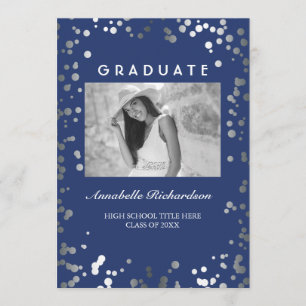 Silver Confetti Navy Blue Elegante Foto Abschluss Einladung