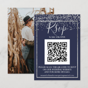 Silver Confetti navy blue typography qr code uAwg RSVP Karte