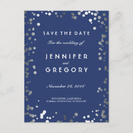 Silver Confetti Navy Elegant Save the Date Ankündigungspostkarte