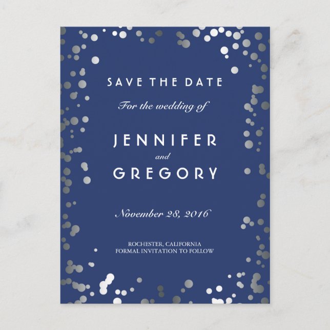 Silver Confetti Navy Elegant Save the Date Ankündigungspostkarte (Vorderseite)