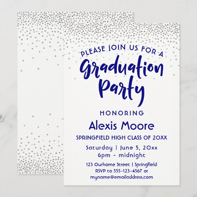 Silver Confetti & Navy Typografy Grad Party, 2 Einladung (Vorne/Hinten)