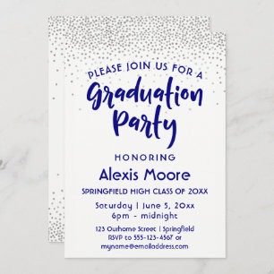 Silver Confetti & Navy Typografy Grad Party, 2 Einladung