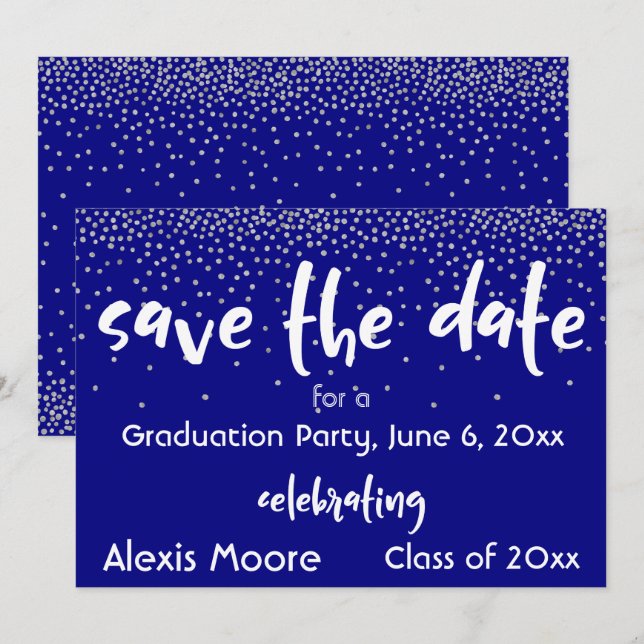 Silver Confetti Over Navy/White, Save the Date 2b Einladung (Vorne/Hinten)