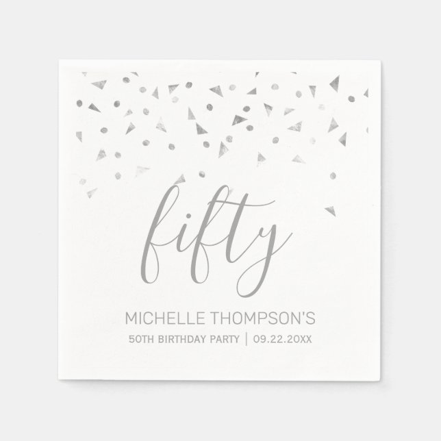 Silver Confetti Personalisiert 50. Geburtstagspart Serviette (Vorderseite)