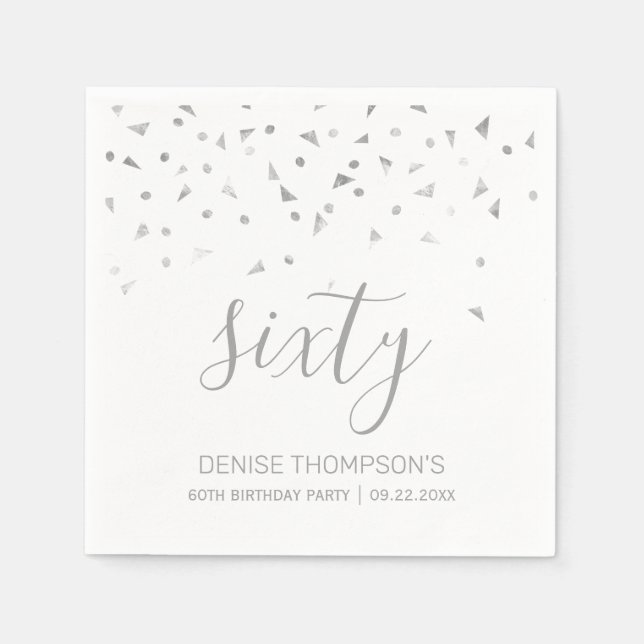 Silver Confetti Personalisiert 60. Geburtstagspart Serviette (Vorderseite)