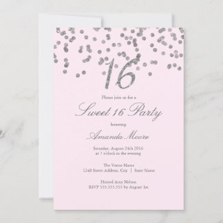 Silver Confetti Pink 16 . Geburtstag Einladung