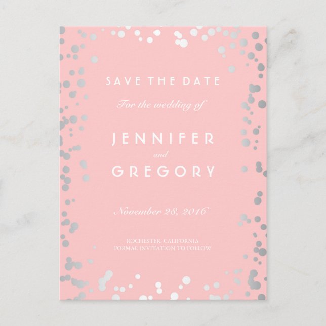 Silver Confetti Pink Save the Date Elegant Ankündigungspostkarte (Vorderseite)