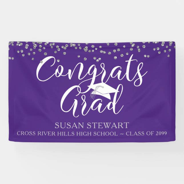 Silver Confetti Script GLÜCKWUNSCHS GRAD Lila Banner (Horizontal)