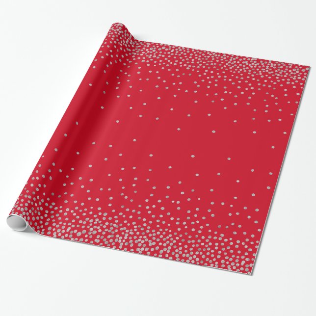 Silver Confetti über Cherry Red Holiday Style Geschenkpapier (Ungerollt)