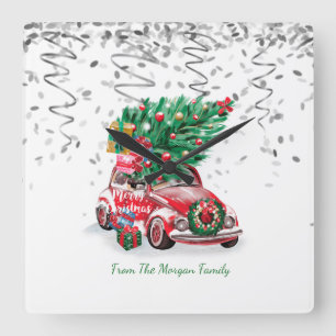 Silver Confetti, Weihnachten Roter Wagen Pine Tree Quadratische Wanduhr