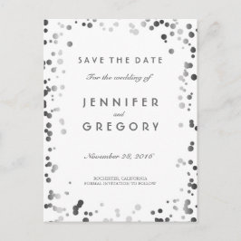 Silver Confetti White Elegant Save the Date Ankündigungspostkarte