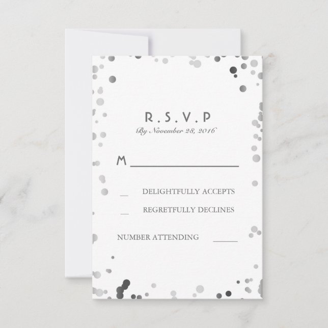 Silver Confetti White Elegant Wedding RSVP Cards Karte (Vorderseite)