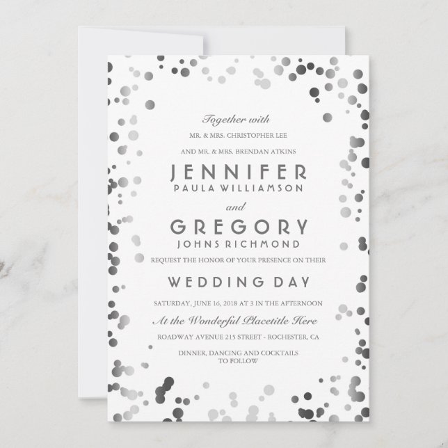 Silver Confetti White Modern und Elegante Wedding Einladung (Vorderseite)