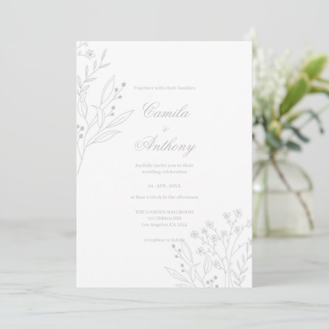Silver Corner Floral Boho Wedding Einladung (Stehend Vorderseite)