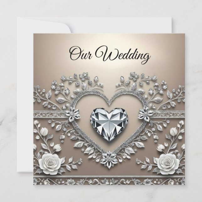 Silver & Cream Elegante: Diamant Heart Wedding Inv (Vorderseite)