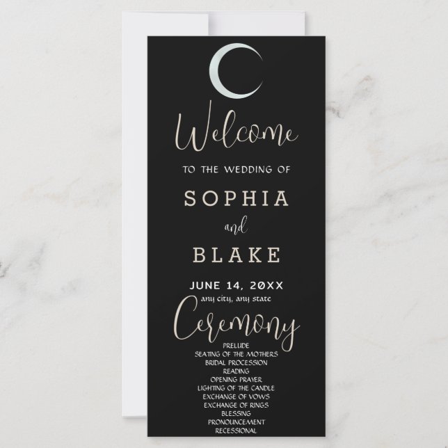Silver Crescent Moon Black Wedding Programm (Vorderseite)