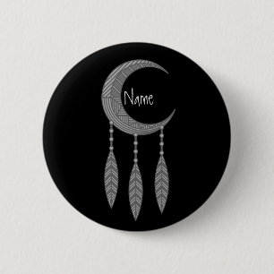 Silver Crescent Moon Feathers Thunder_Cove Button