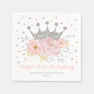 Silver Crown Blush Pink Bloral Princess Birthday Serviette