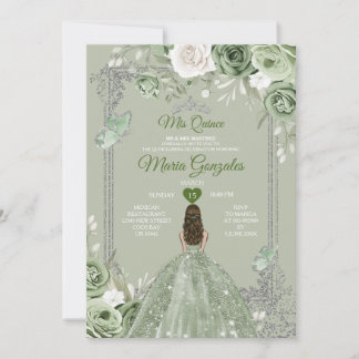 Silver Crown Sage Green Floral Mis Quince 15 Anos Einladung