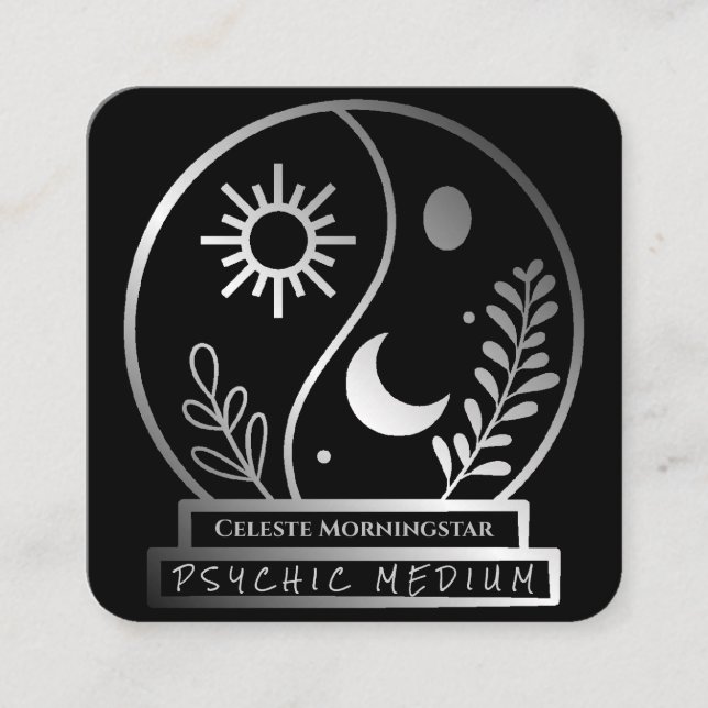 Silver Crystal Ball Psychische Medium Moon Sun Quadratische Visitenkarte (Vorderseite)