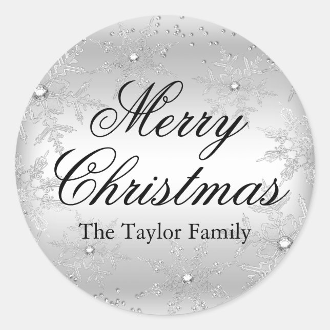 Silver Crystal Snowflake Weihnachtsaufkleber Runder Aufkleber (Vorderseite)