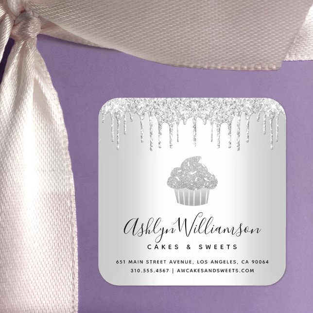 Silver Cupcake Bäckerei Konditorei Koch Glitzer Tr Quadratischer Aufkleber (Von Creator hochgeladen)