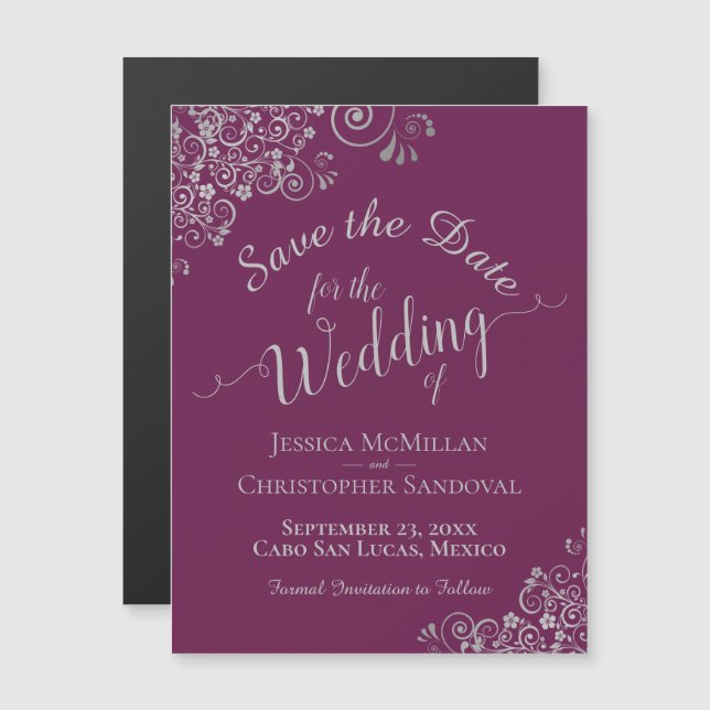 Silver Curls Magenta Pflaume Speichern Sie das Dat Magnetkarte (Vorne/Hinten)