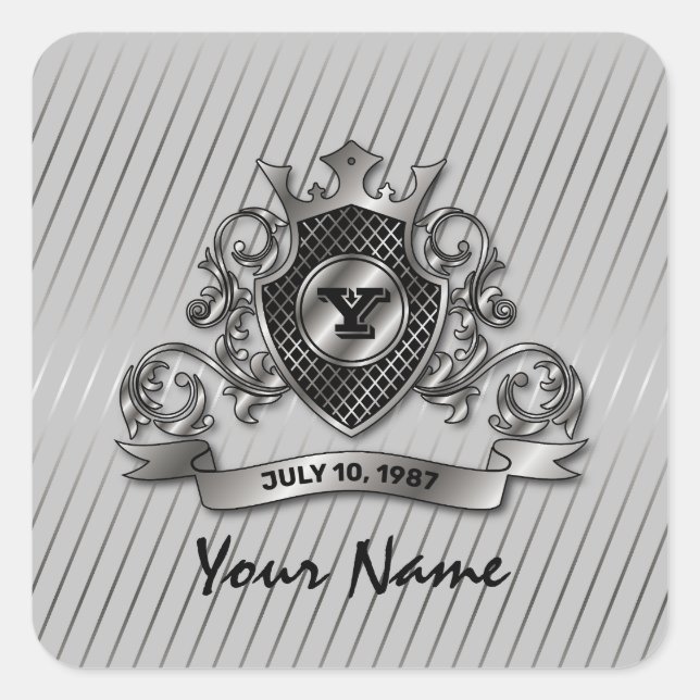 Silver Custom Elegante Monogram Design Quadratischer Aufkleber (Vorderseite)