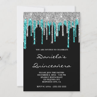 Silver Cyan Glitzer Tropfens Black Quinceañera Einladung