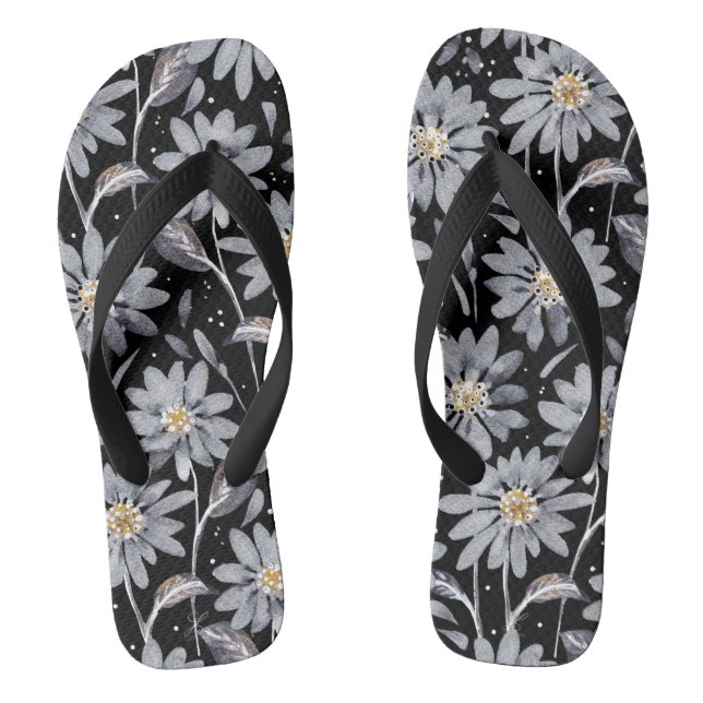 Silver Daisies auf Black Floral Flip Flops (Fußbett)