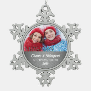 Silver Damask 1. Weihnachtsfest Zusammen Foto Schneeflocken Zinn-Ornament